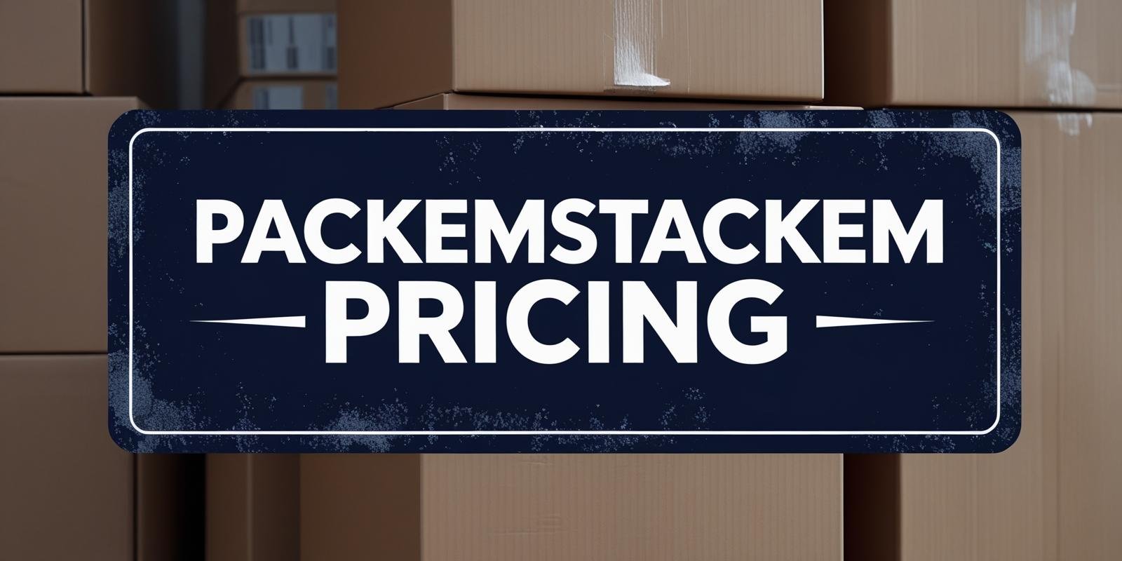 PackEmStackEm Pricing sign with dark blue background and packing boxes