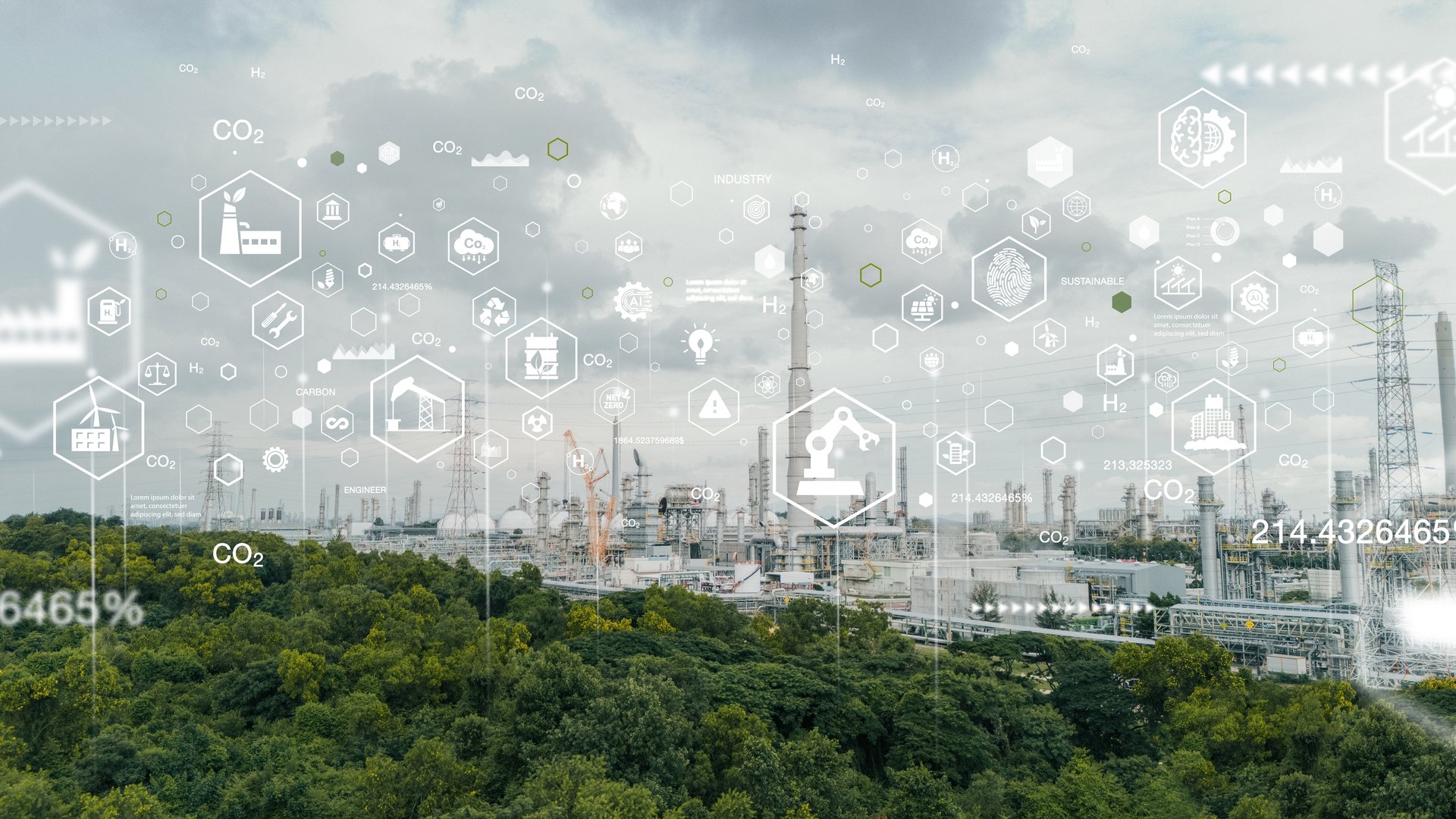 Gas separation industry or eco energy for sustainable energy saving. Environmentally friendly industry concept, low carbon emission with distributed industry icons.