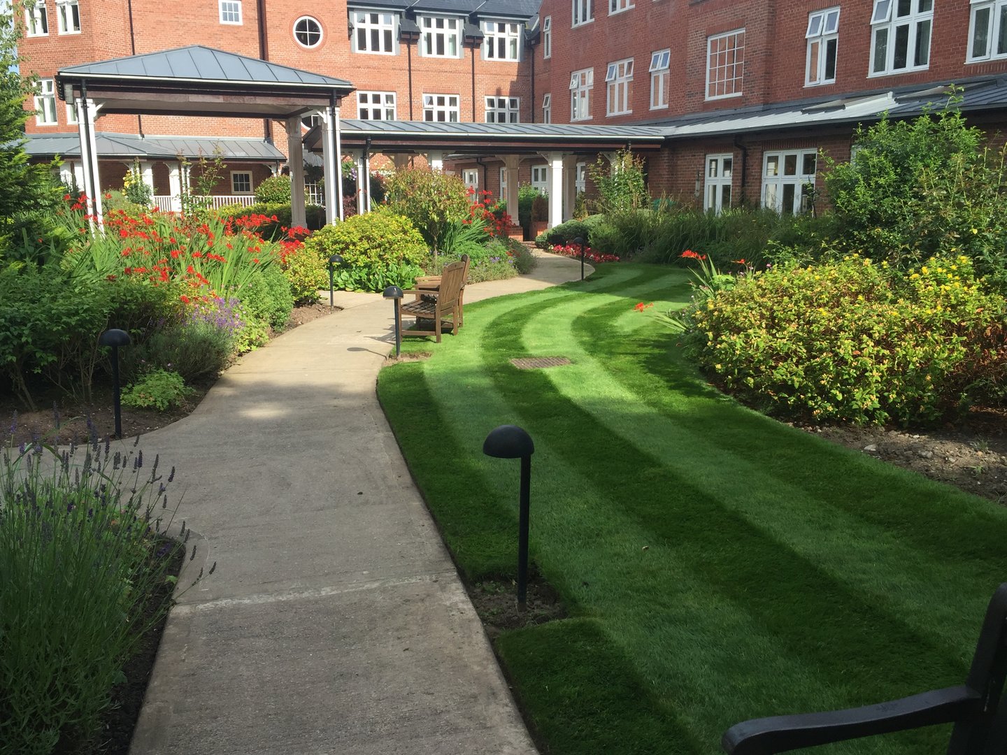 Neatly edged lawns with planting schemes and pedestrian access