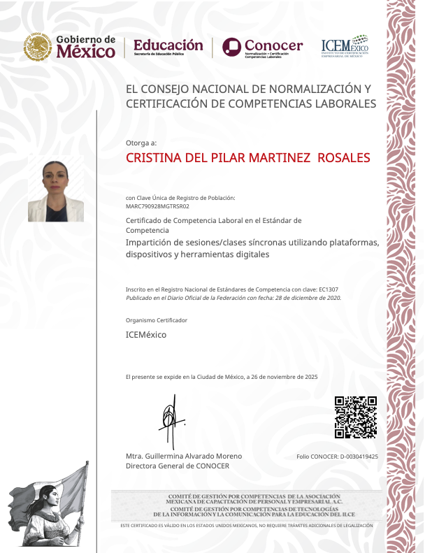 Certificado Digital CONOCER de Cristina del Pilar Martínez Rosales - ICE México