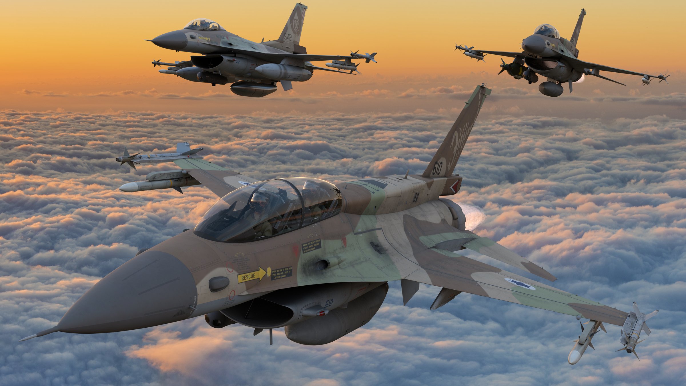Lockheed Martin F-16 of the Israeli Air Force flying in close formation