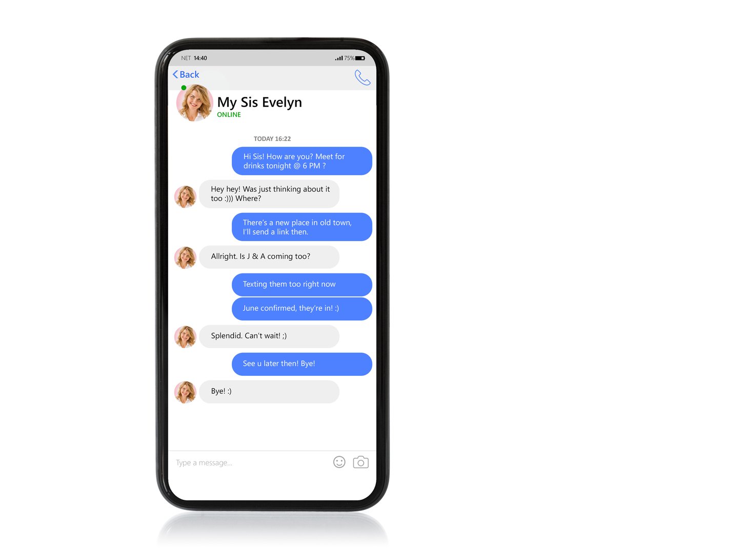 Mockup of mobile phone with sample chat app and text bubbles on screen. The content and design is completely made up.
