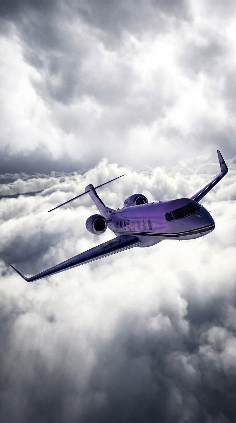 Purple private jet flying through clouds