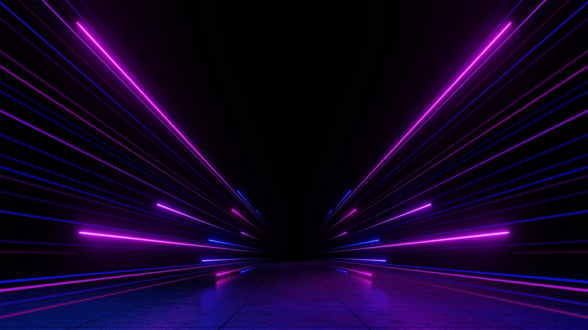 3d render, Abstract neon laser lines in purple and blue creating futuristic perspective