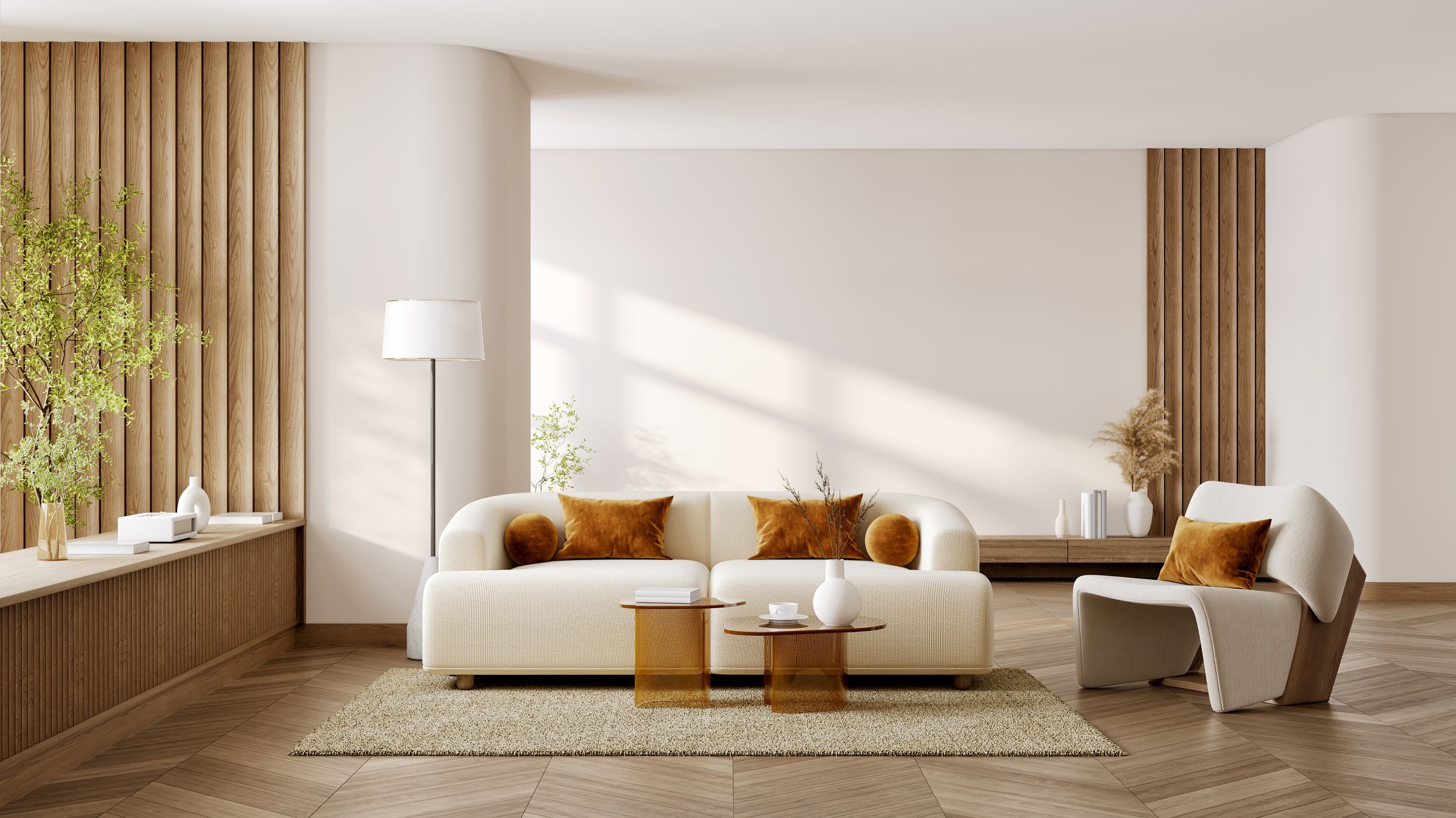 Minimalist living room, cozy interior, sunlight, wooden wall, Scandinavian design, modern sofa, indoor plant,3d render