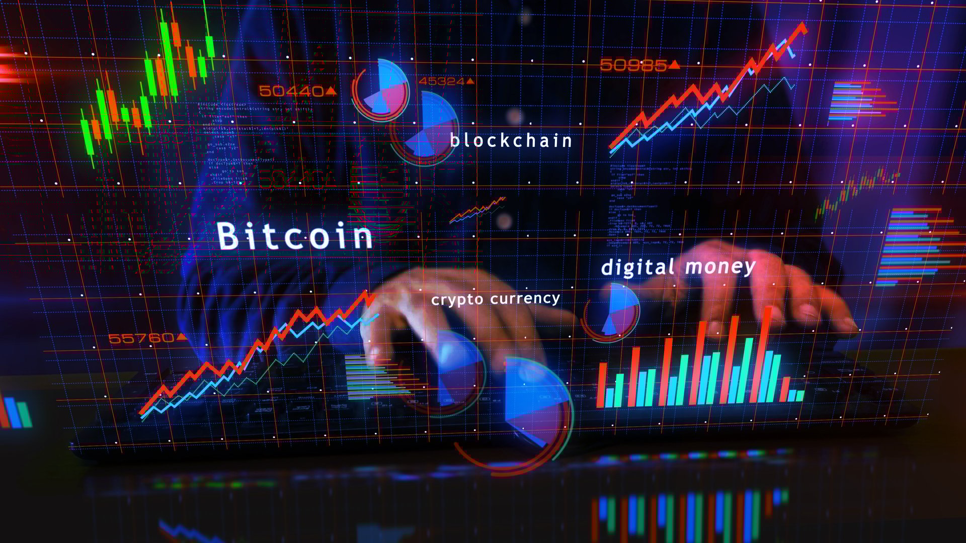Bitcoin cryptocurrency charts and graphs diagram on touchscreen pad display. Finger touch tablet screen in hand. Digital analysis and report illustration.
