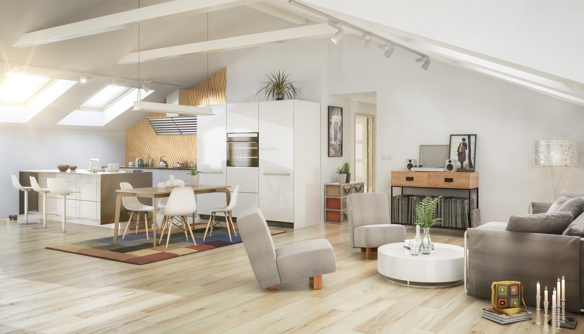 Sunny attic apartment in loft conversion - 3D visualization