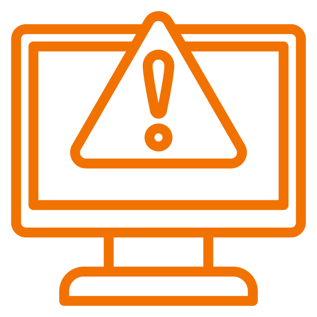 Orange computer icon with a warning triangle and exclamation mark on the screen, indicating an error or alert.