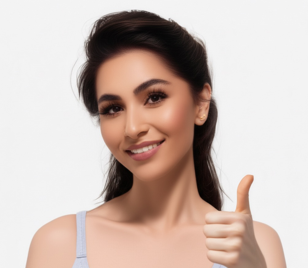 Smiling woman giving a thumbs-up gesture, wearing a light blue tank top against a plain white background.