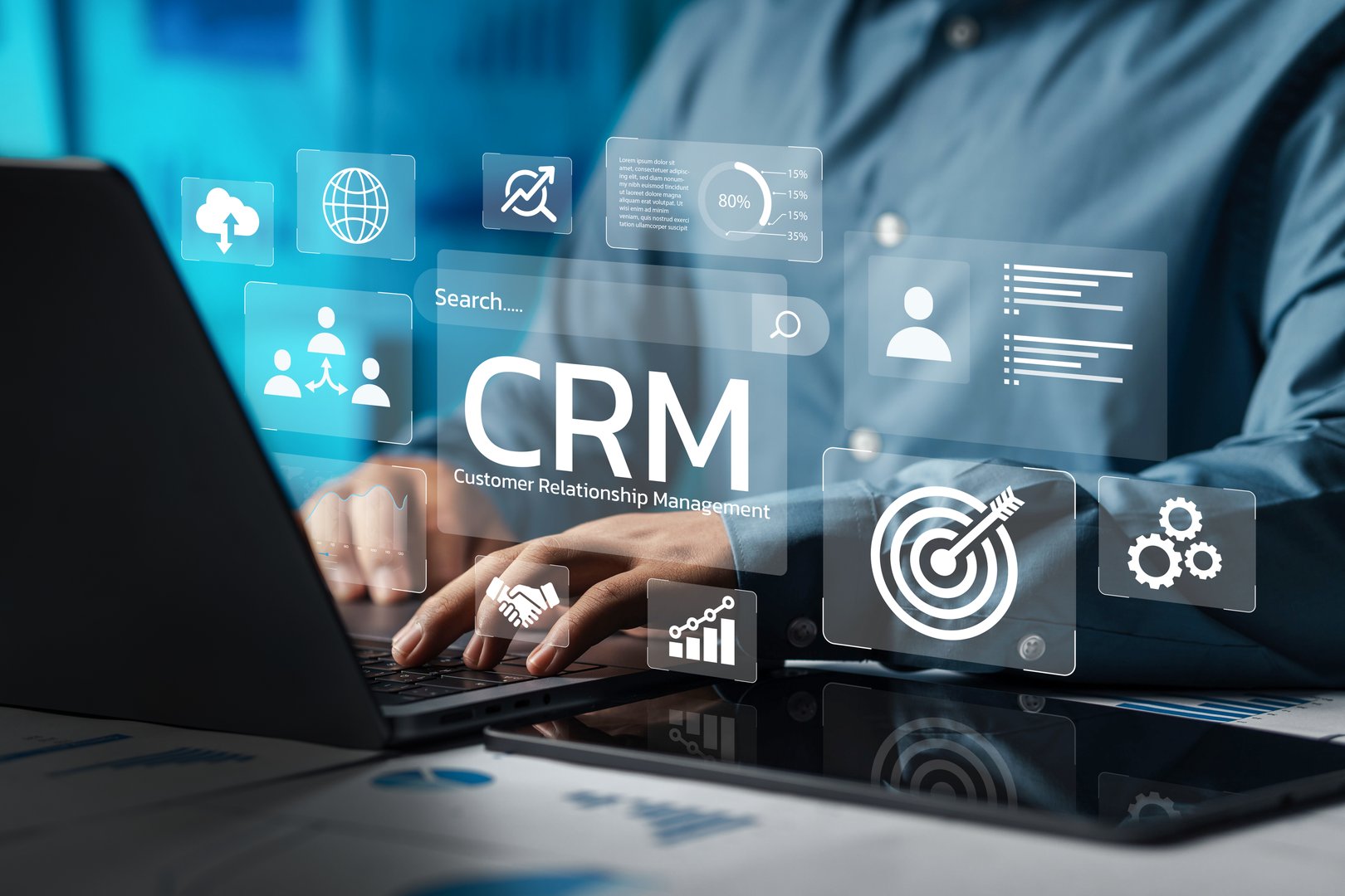 Businessman using computer and dashboard to analyze CRM data on virtual technology screen with CRM icon, customer relationship management concept for connecting business technology database.