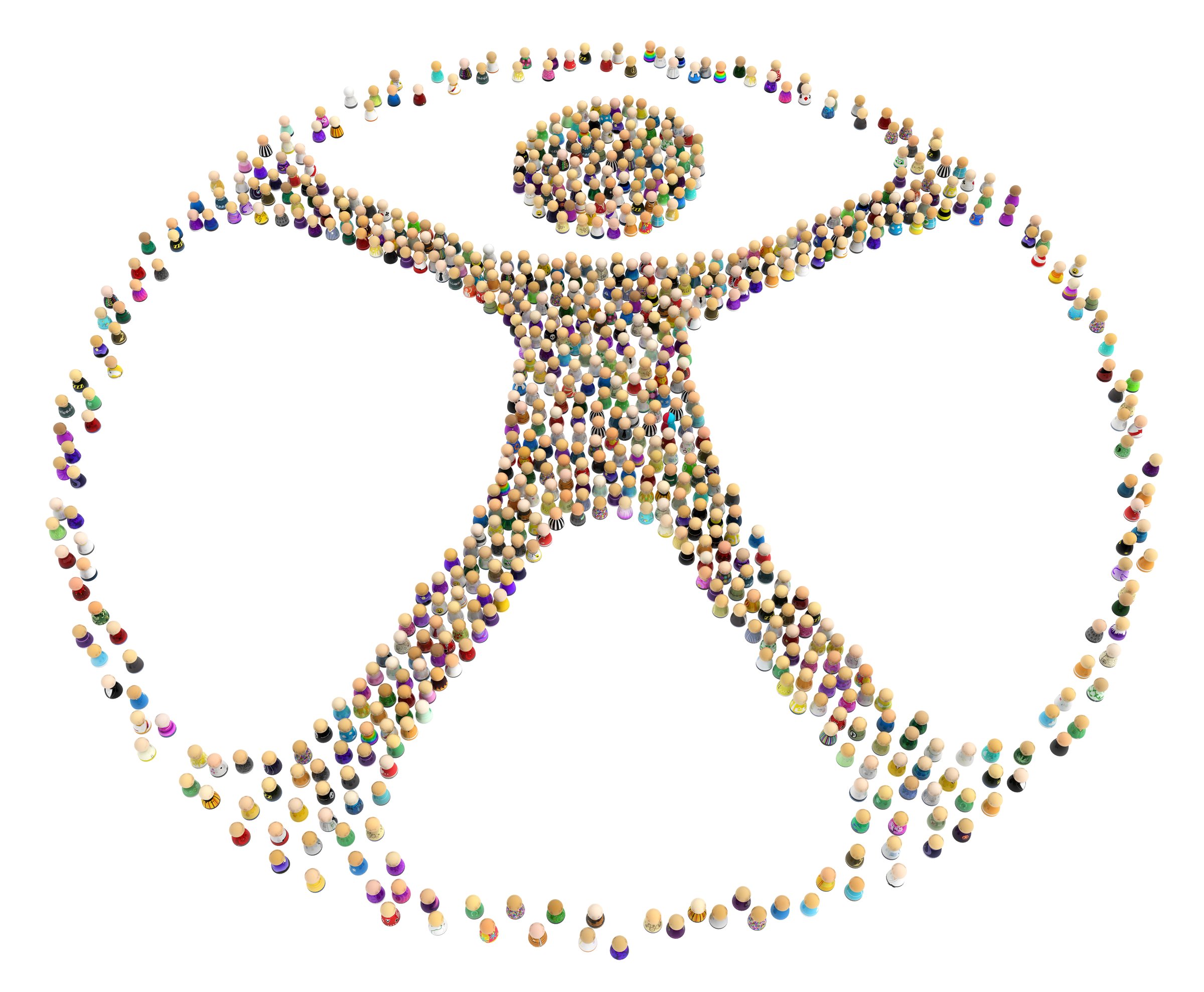 Crowd of small symbolic figures forming big person shape ringed, 3d illustration, horizontal, isolated, over white