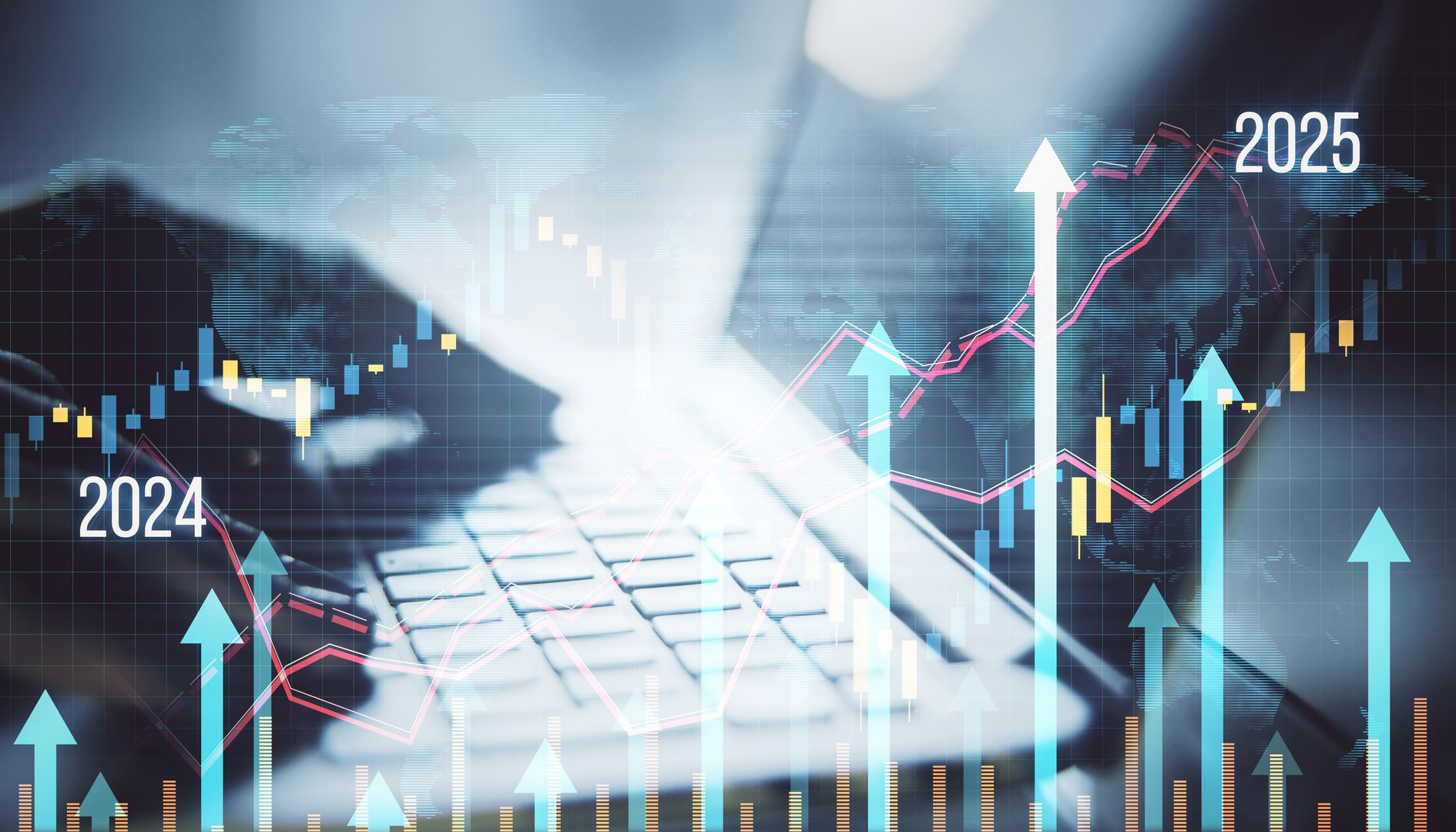 Financial graphs, upward arrows, and market data overlaid on a laptop screen background. Concept of future business growth and digital economy research