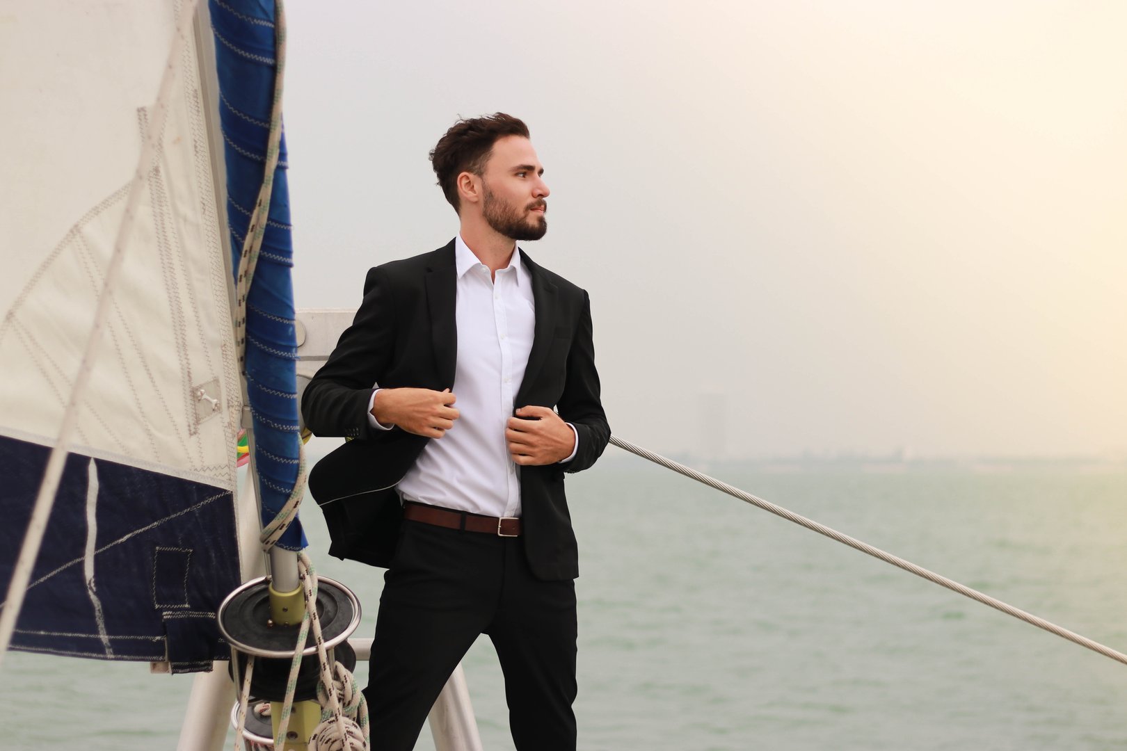 Businessman on yachts. The concept of traveling is committed to conducting business.