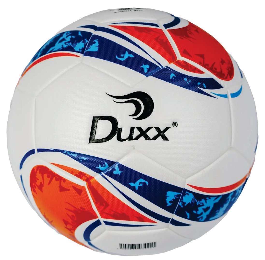 White soccer ball with blue and red abstract patterns and the Duxx logo.