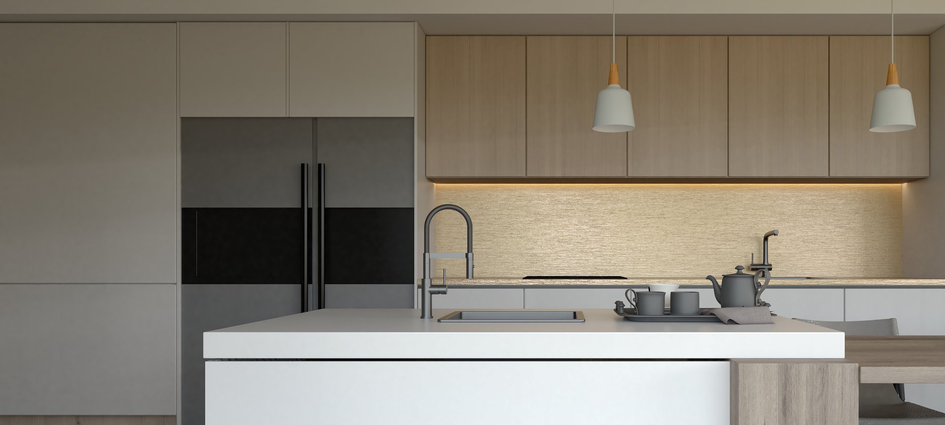 A sleek, modern kitchen featuring minimalist design, neutral tones, and stylish fixtures, creating an elegant and functional cooking space. 3d rendering.