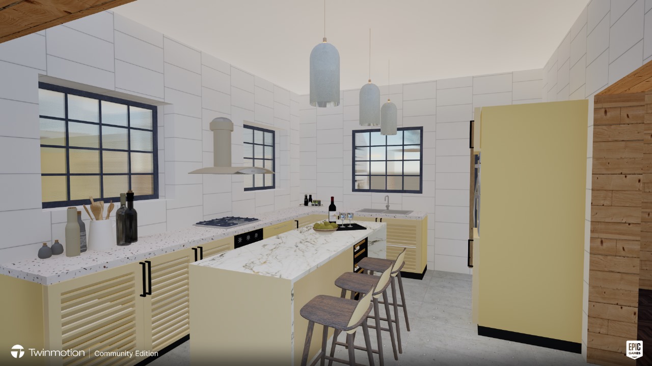 Modern kitchen rendering with an island, bar stools, pendant lights, and a neutral color palette.