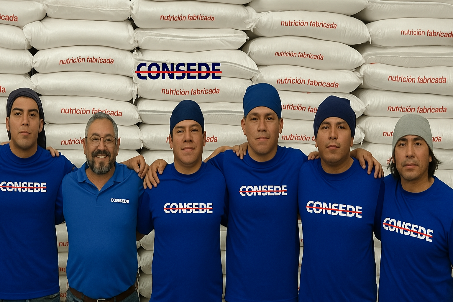 Five men wearing blue Concede shirts stand in front of stacked bags labeled "nutrición fabricada."