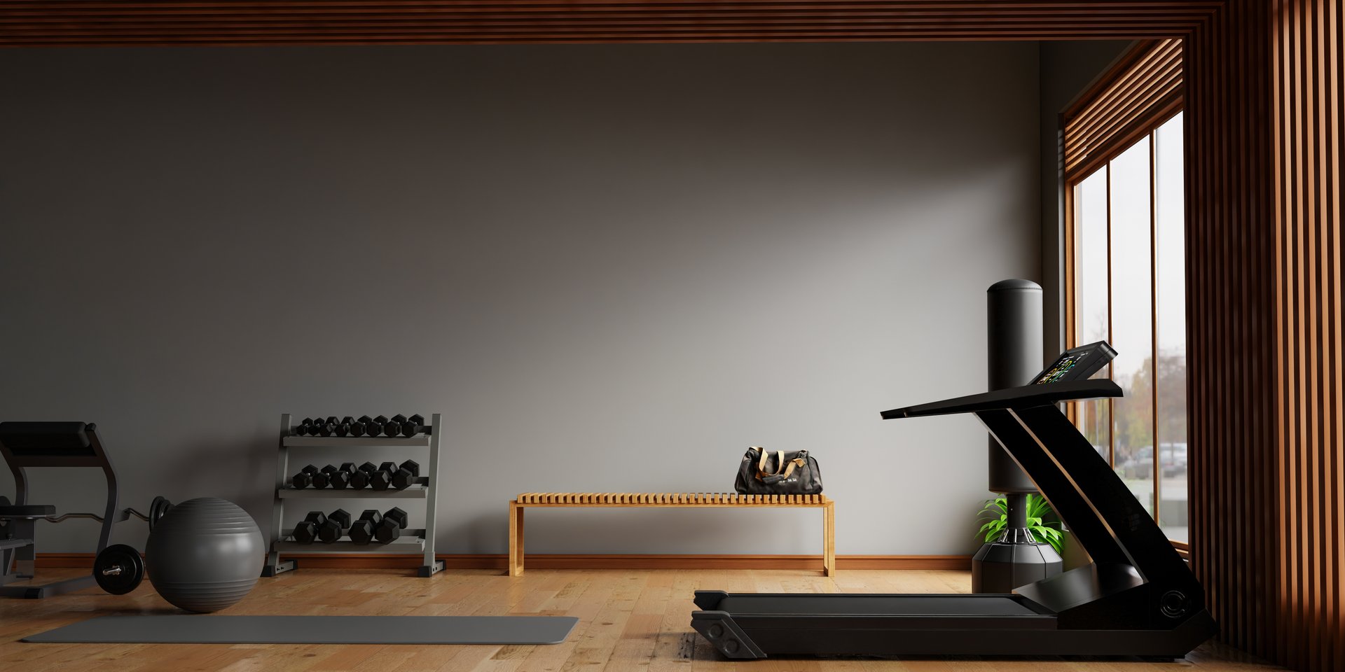 Dark modern home gym interior with sport and fitness equipment on black wall background- 3D rendering