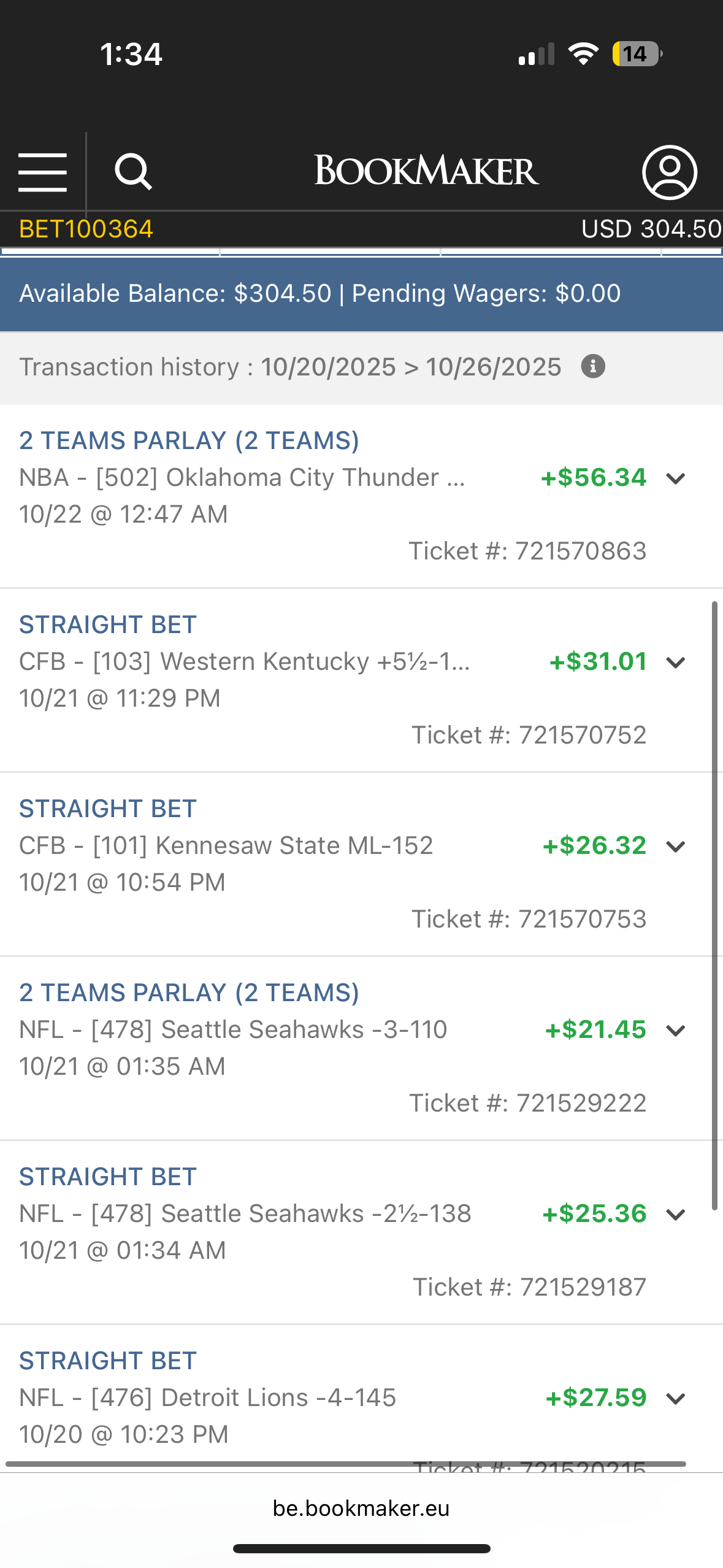 Client B betting results screenshot 2
