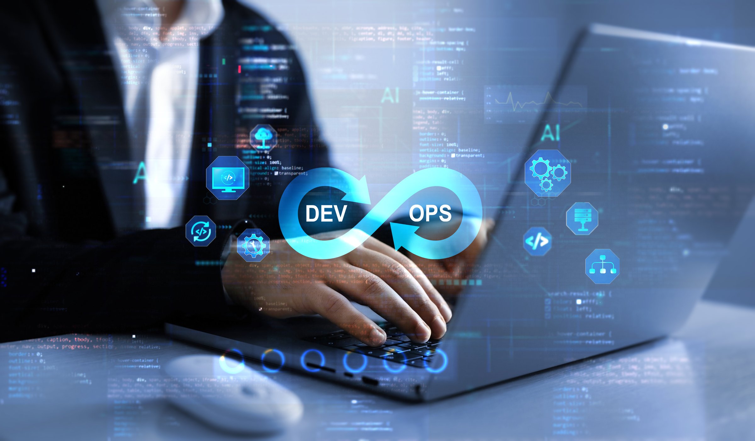 System engineer and programming digital development. Agile programming and DevOps technology. IT operations concept. Software quality and software development
