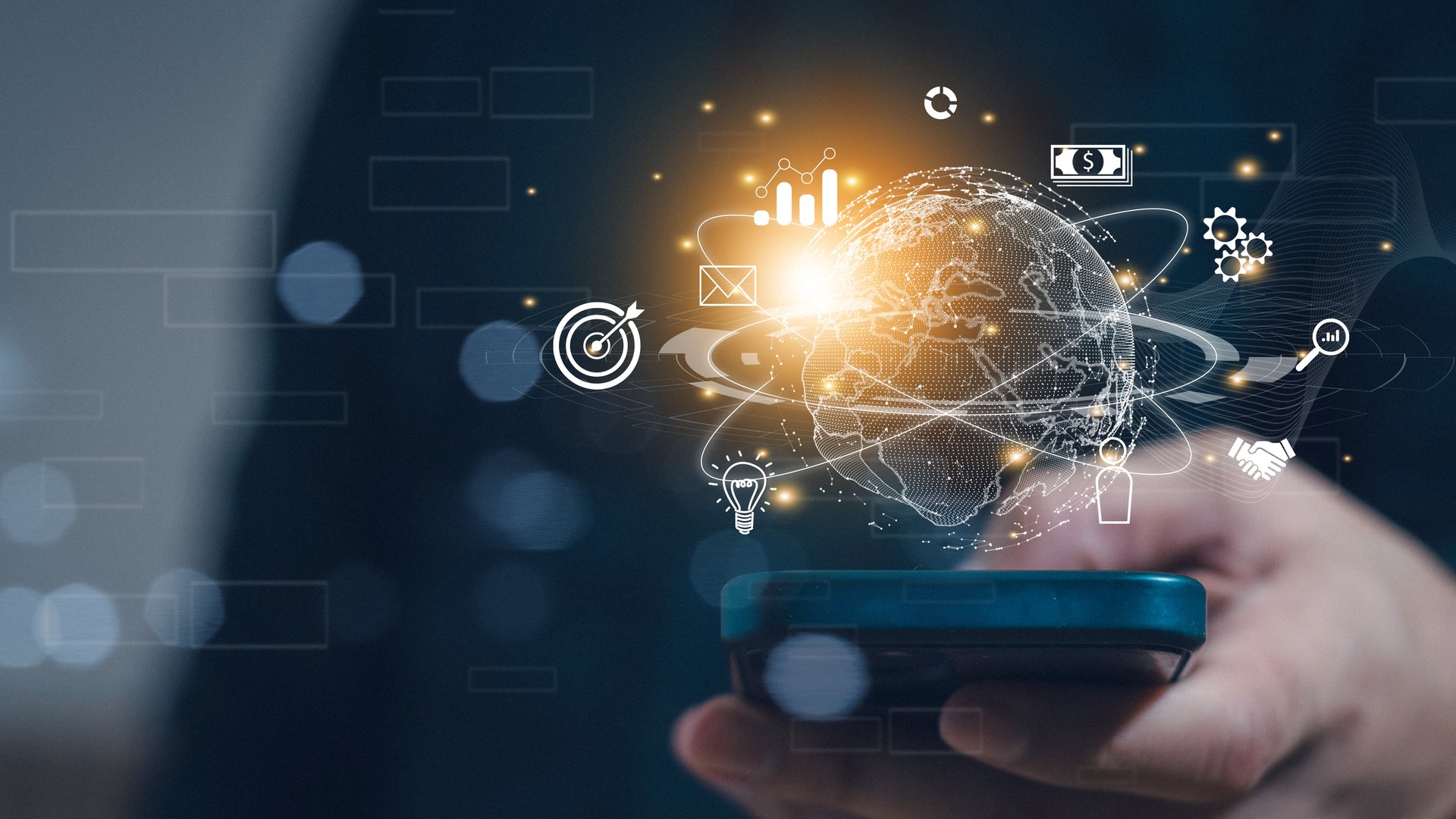 Digital Marketing Media Technology Graphic Concept, Businessman using mobile smart phone. application technology and digital marketing, Financial and banking, Digital link tech, big data.