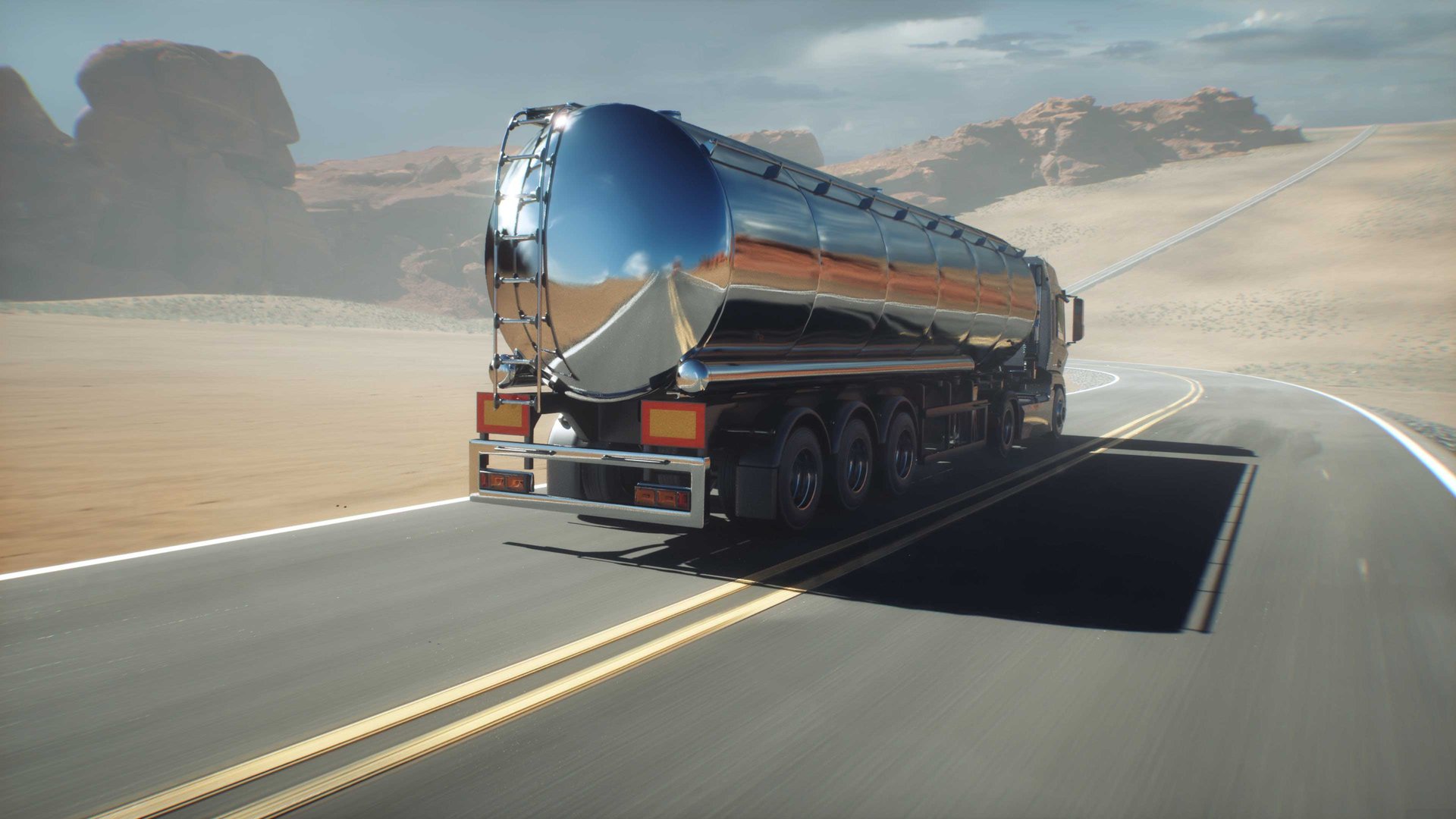Generic 3d model of gasoline truck very fast driving on desert highway. Gas, oil concept. 3d rendering