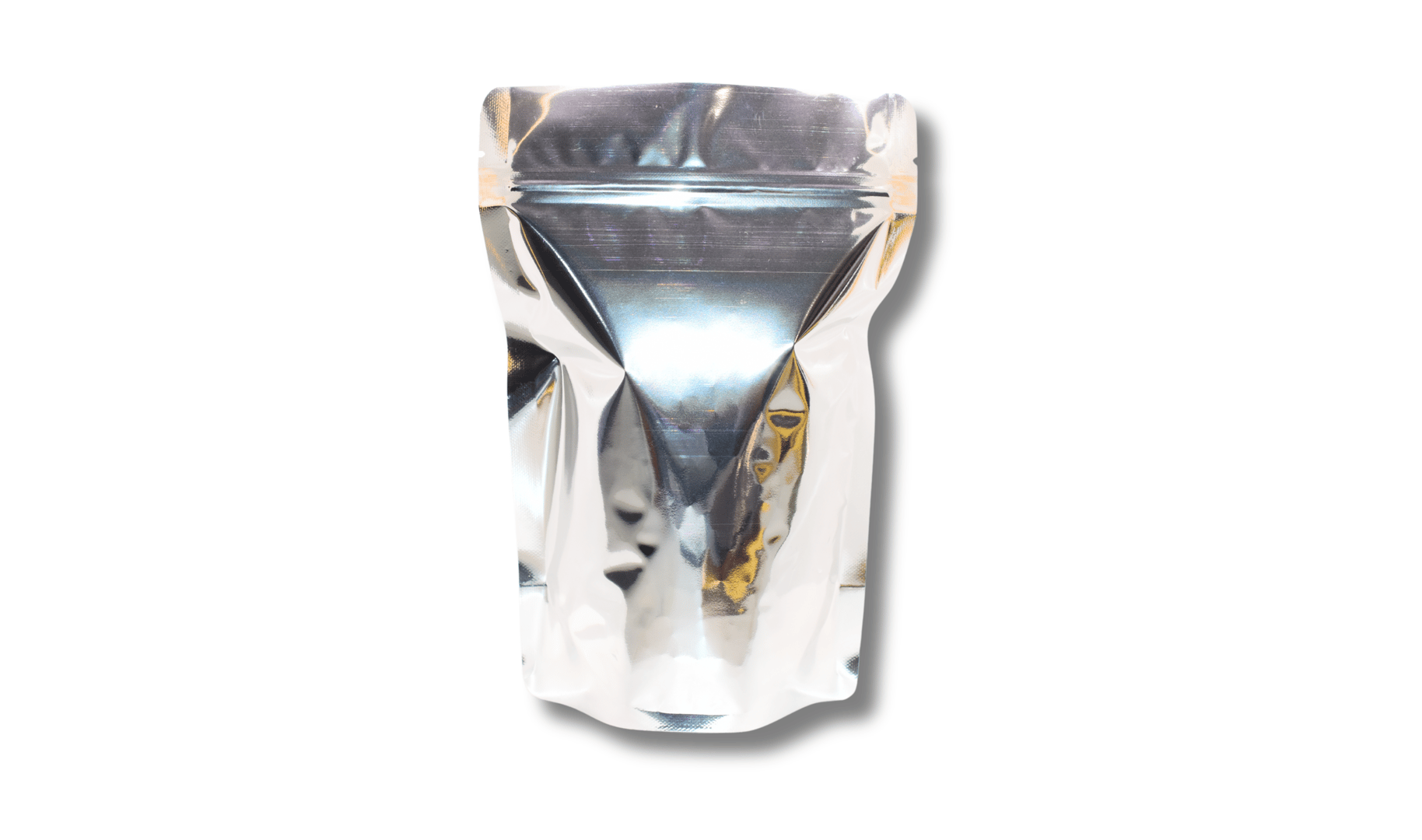 Silver foil stand-up pouch with a zipper closure on a white background.