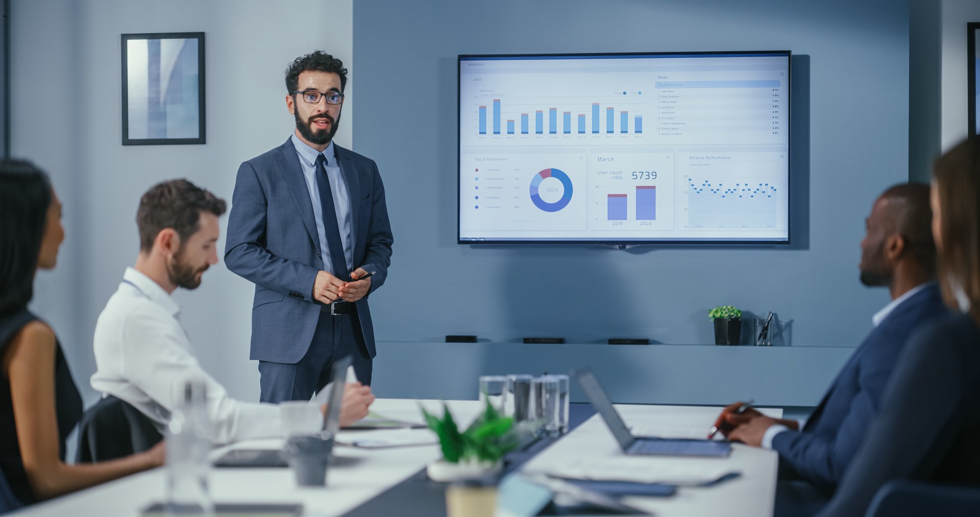 Office Conference Room Meeting: Digital Enterpreneur Presents e-Commerce Investment Strategy for Group of Investors. Wall TV Showing Big Data Analysis, Infographics, Stock Market Information, Trends