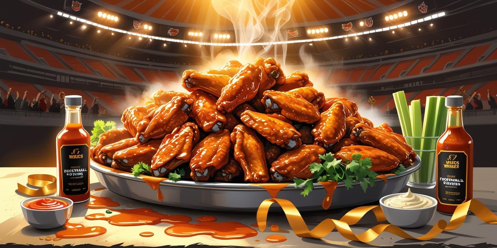 A platter of steaming chicken wings with sauce bottles and celery, set in a stadium with cheering crowds in the background.