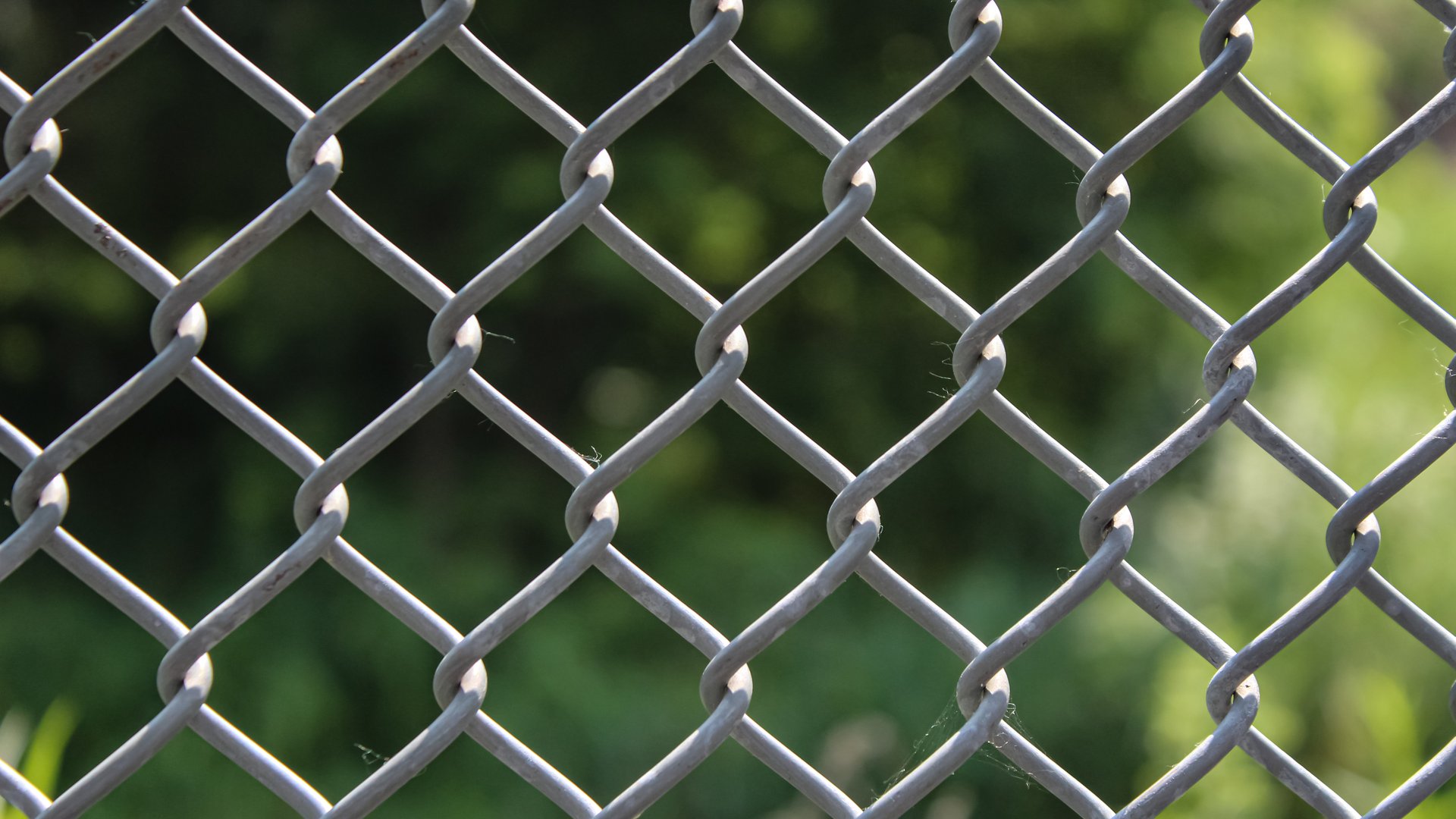 macro close-up view of a chain-link fence set against a blurred green landscape background