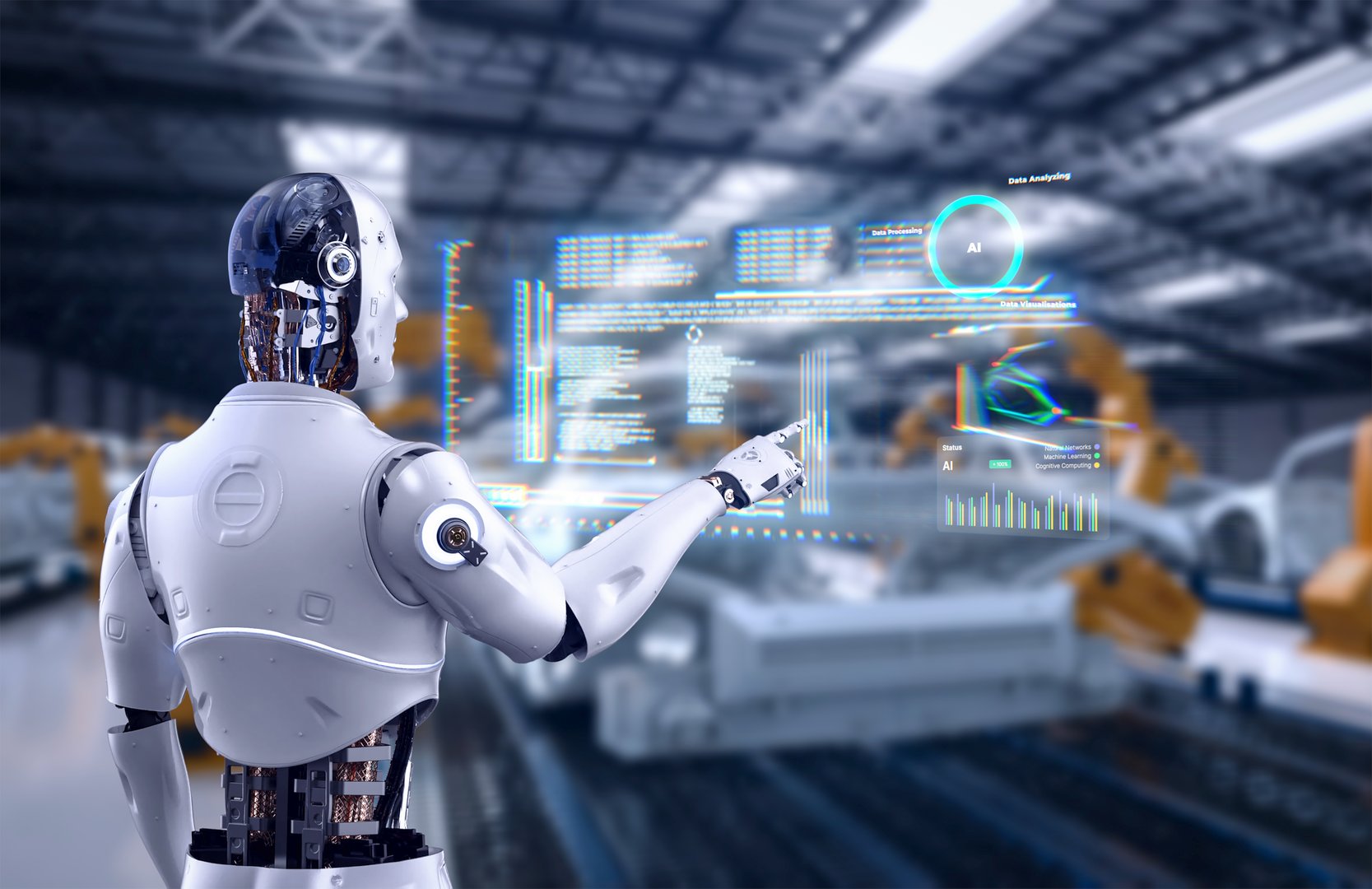 Automation automobile factory with 3d rendering robot assembly line manufacture ev car controlled by humanoid cyborg