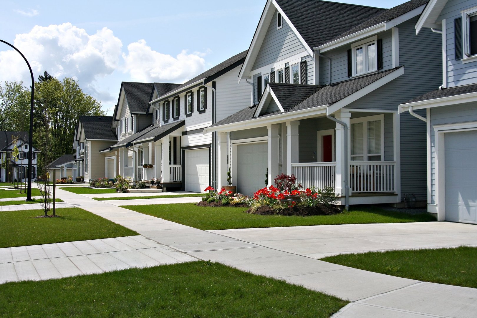 Small town residential street of new town homes.