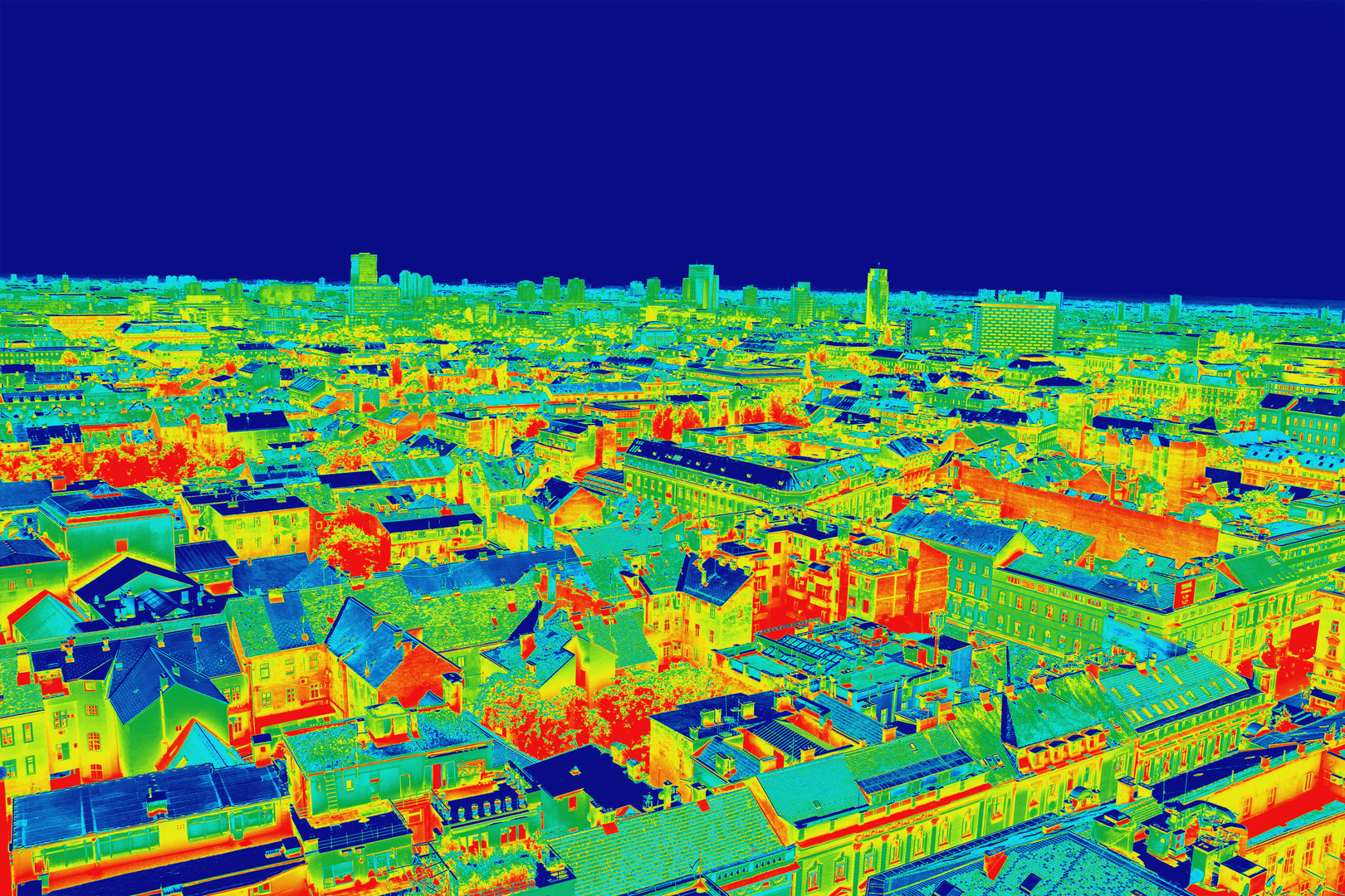 Infrared thermovision image panorama of Zagreb, showing difference temperature