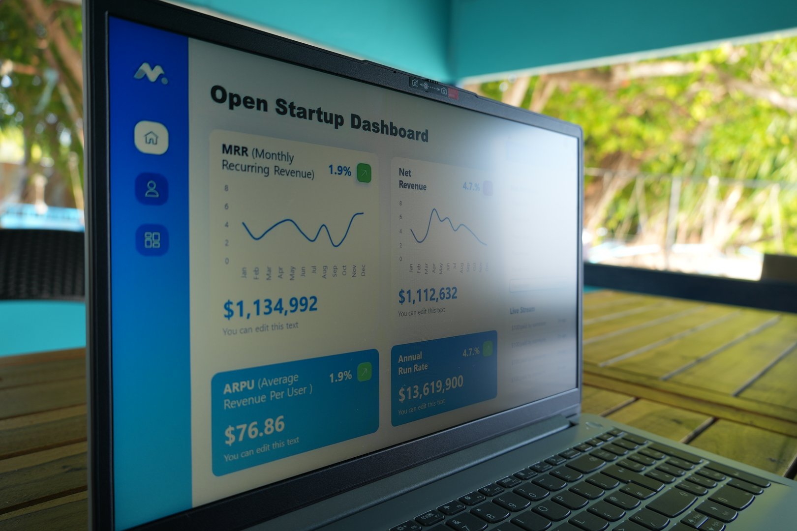 Laptop showing Open Startup Dashboard with financial charts and growth metrics on a wooden table outdoors