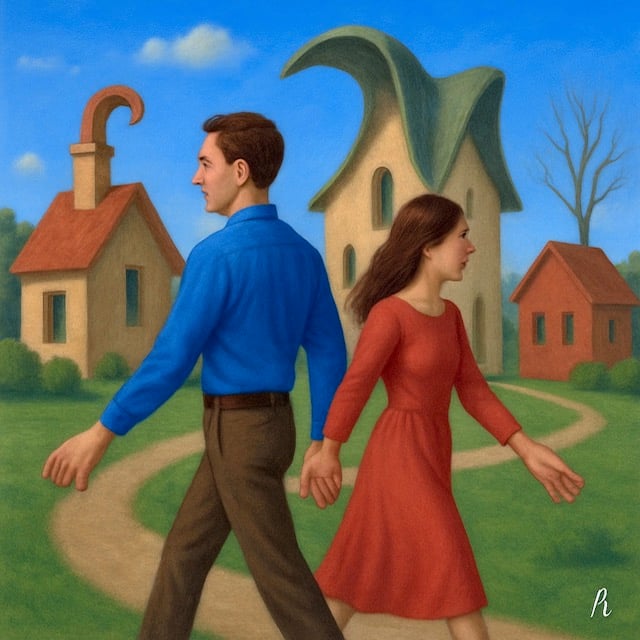 A wild and thought-provoking scene where a couple holds hands while facing opposite directions, defying the rules of the universe.