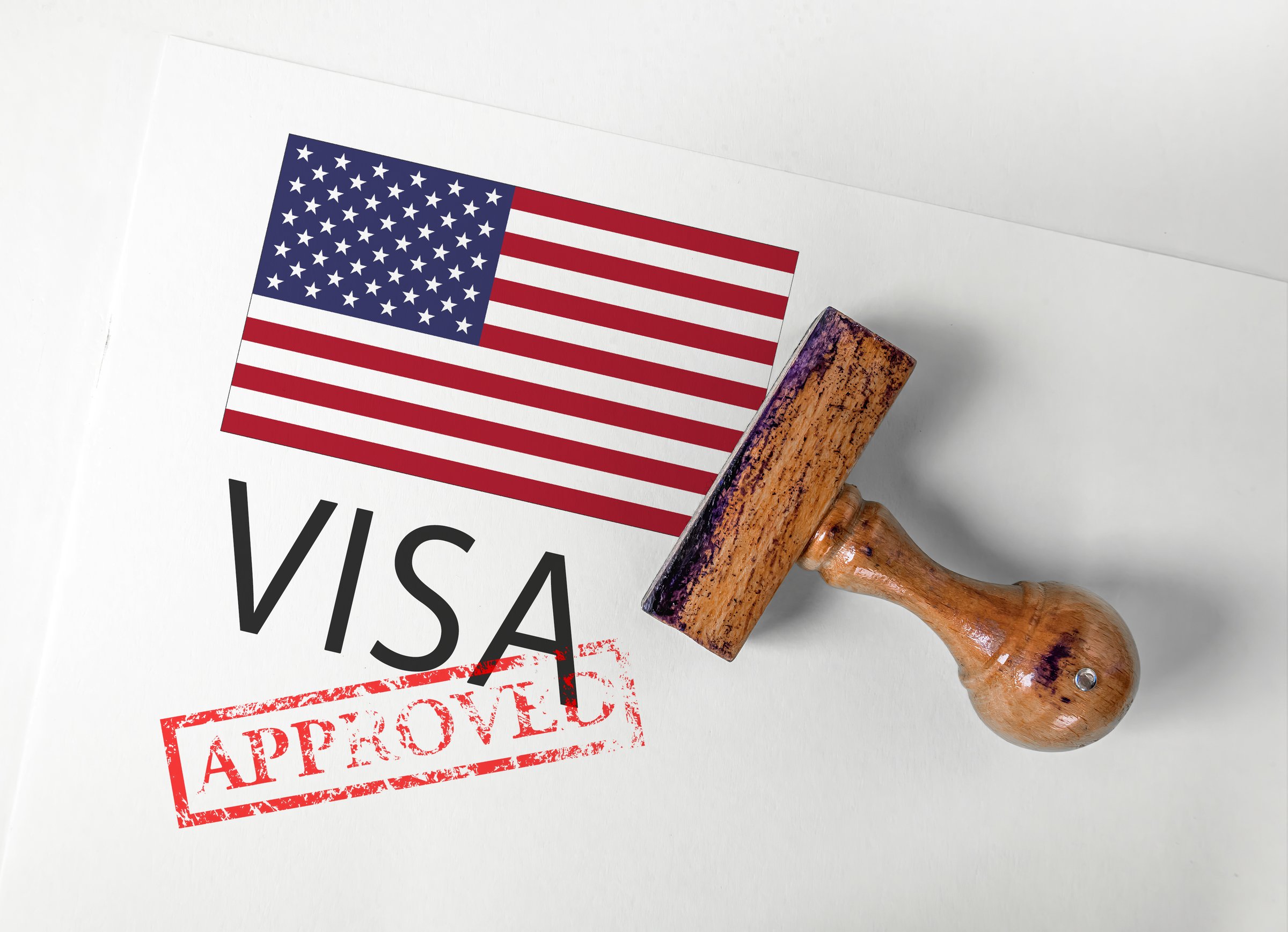 United States Visa Approved with Rubber Stamp and flag