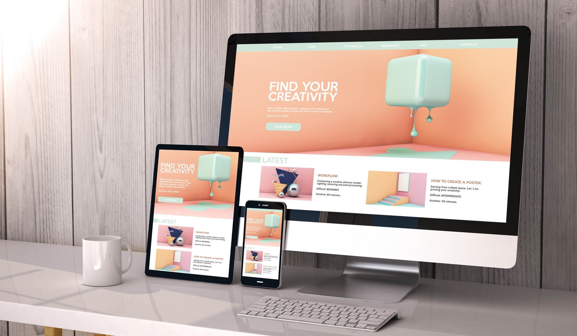 Digital generated devices on desktop, responsive creativity graphic design on screen. All screen graphics are made up. 3d rendering.