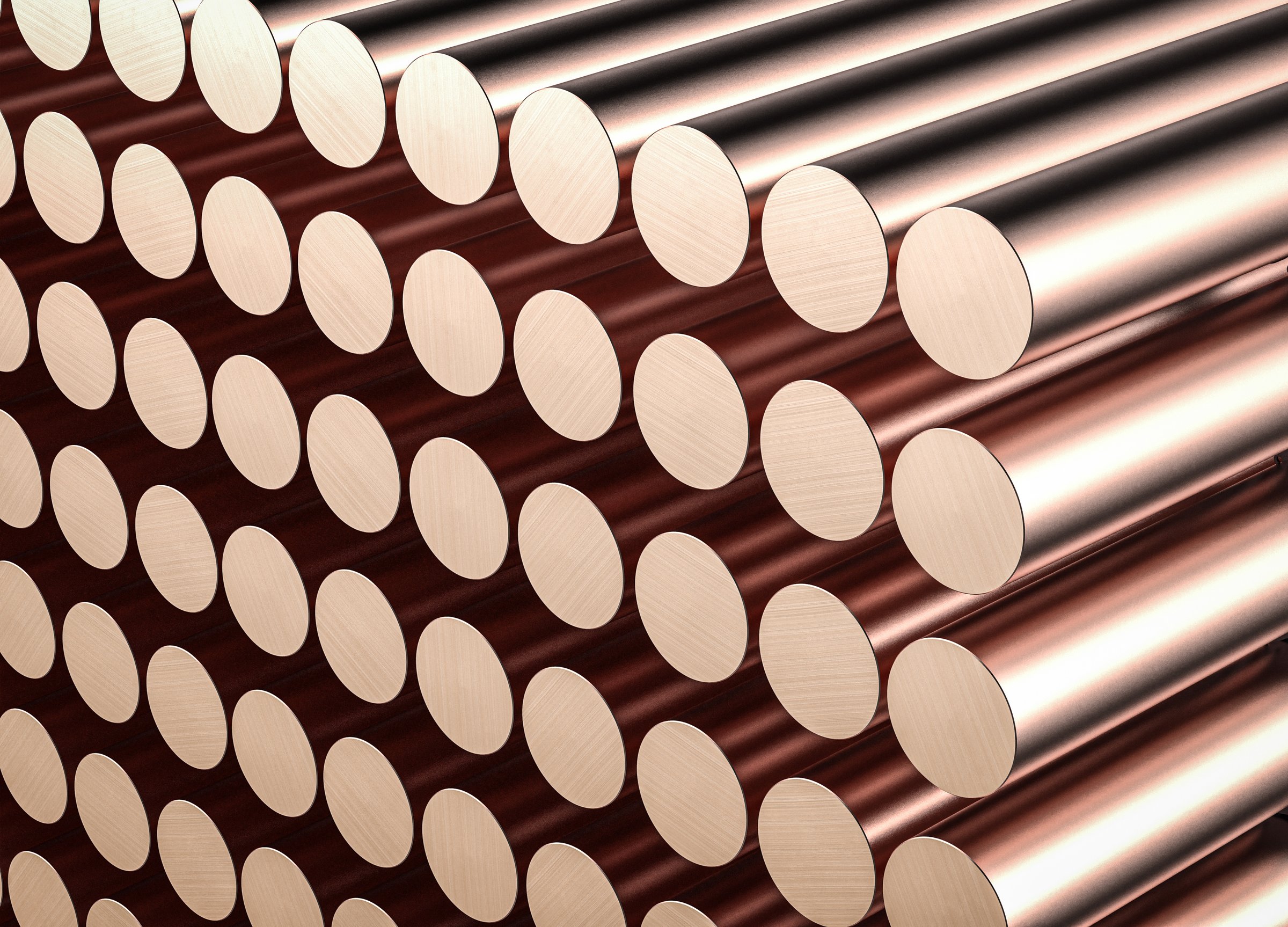 3d rendering heap of shiny copper billets in factory