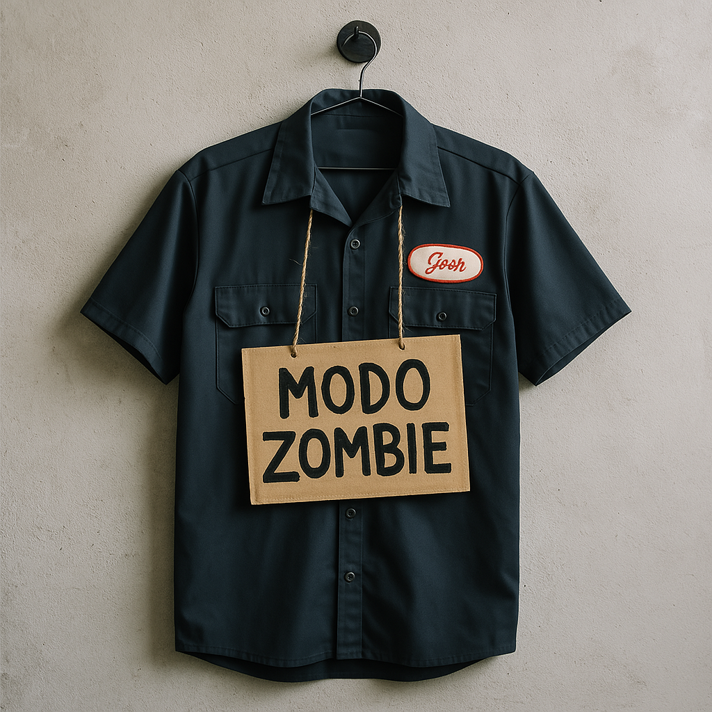 Dark grey short-sleeve shirt with name tag "Josh," hanging on a wall with a sign that reads "MODO ZOMBIE."
