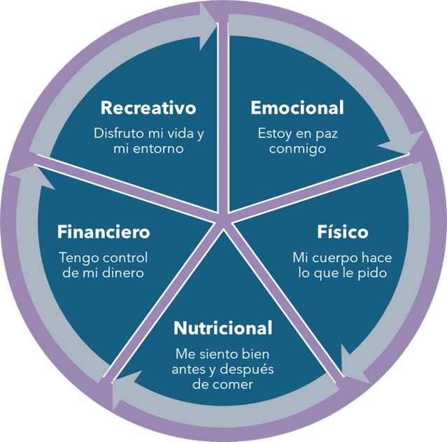 Circular diagram with five segments: Recreational, Emotional, Physical, Nutritional, Financial; each with a positive statement.