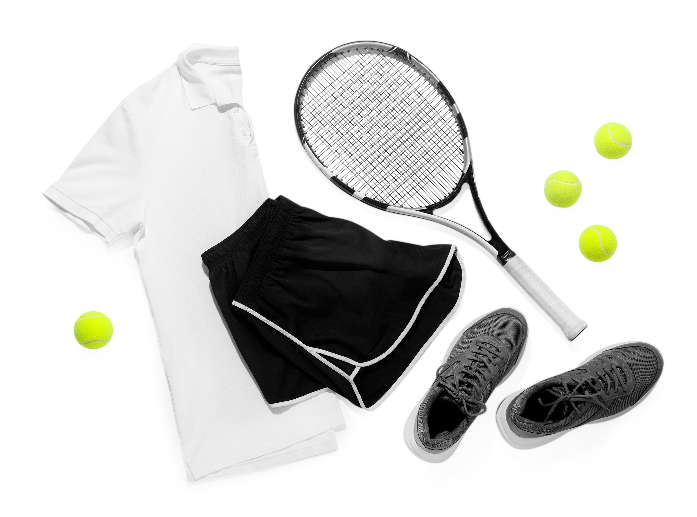 Tennis racket, balls and sportswear isolated on white, top view