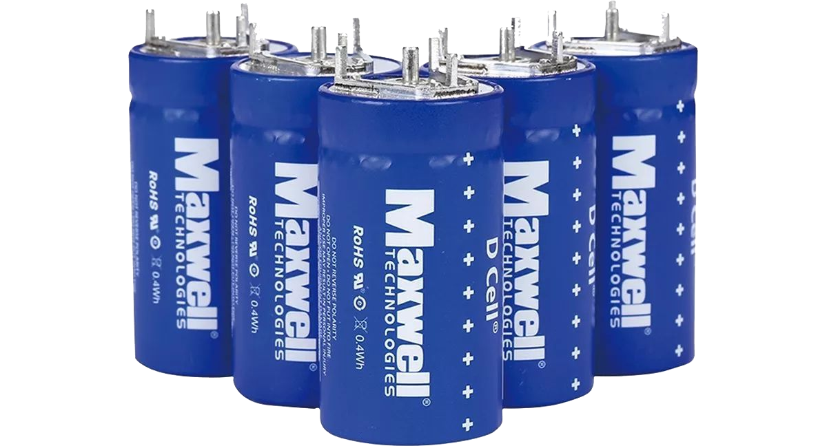 Six blue Maxwell Technologies capacitors with metal terminals on top placed in two rows.