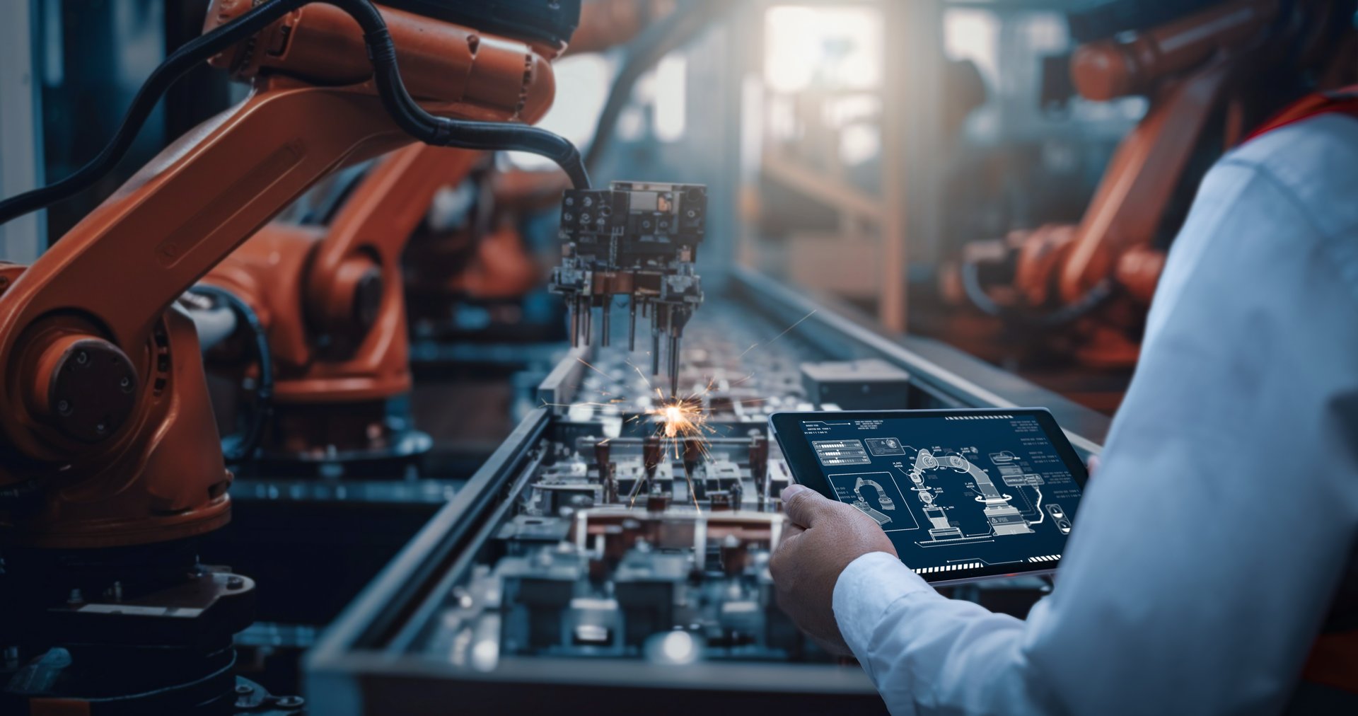 Engineers test the control of robot arm, Intelligent machine in factory industrial on real-time monitoring system software. Robots weld workpieces and produce industrial parts to reduce human labor.