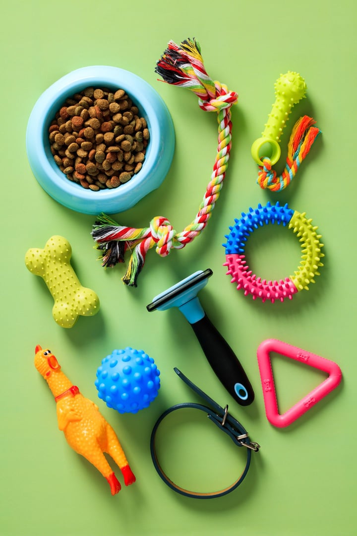 Group of pet accessories, bowl of dry feed, toys, grooming equipment on green table. Flat lay, top view, overhead.