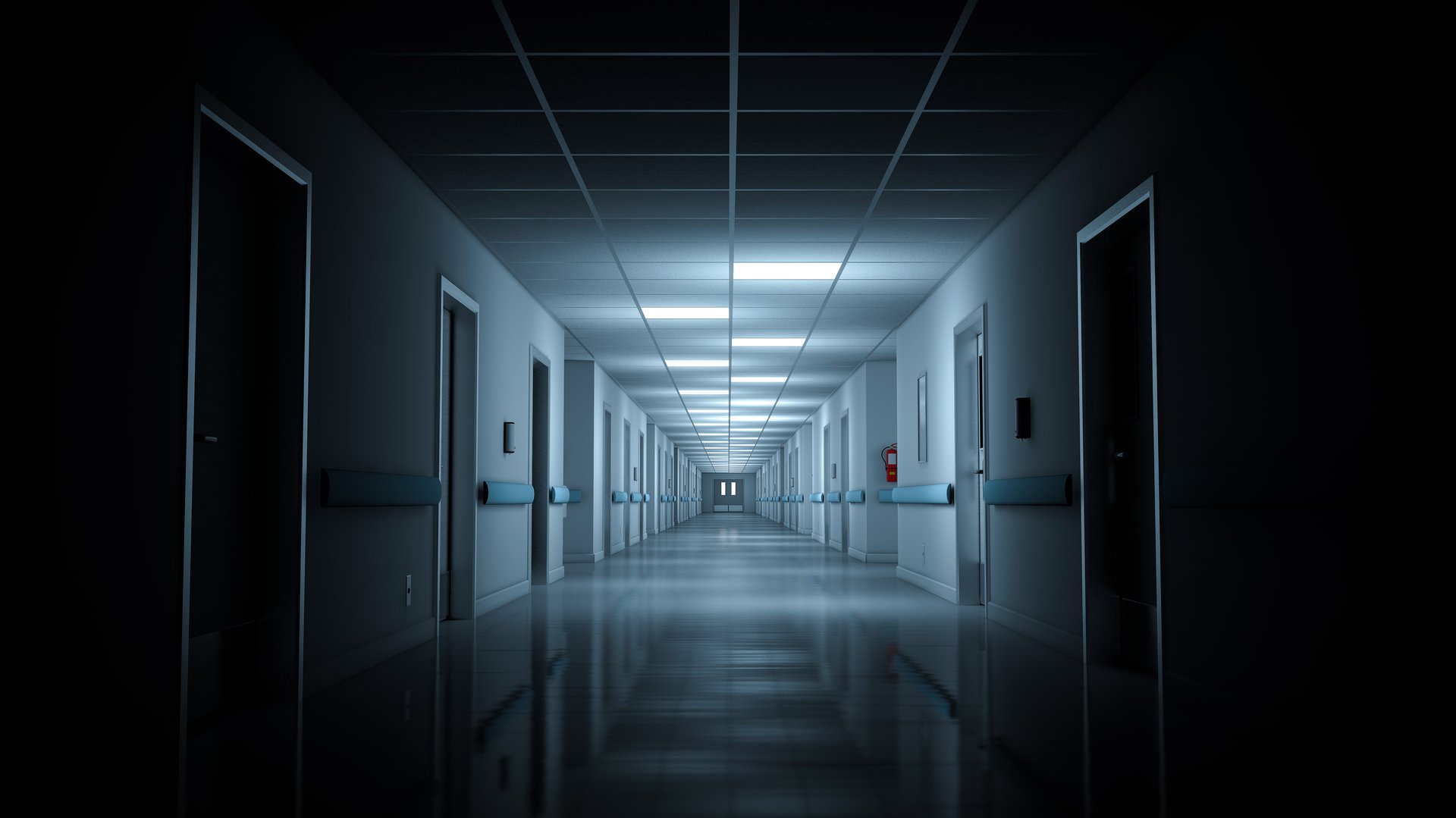 Hospital corridor with few lights on. 3d rendering. Seamless looping.