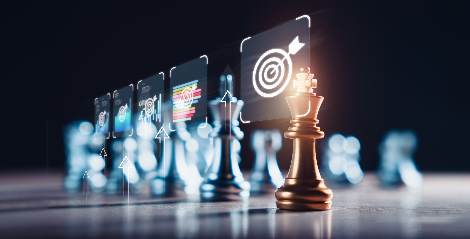 A chess on a wooden floor with success icons symbolizes the strategic planning and execution required to achieve marketing goals, represents the careful consideration and strategic thinking