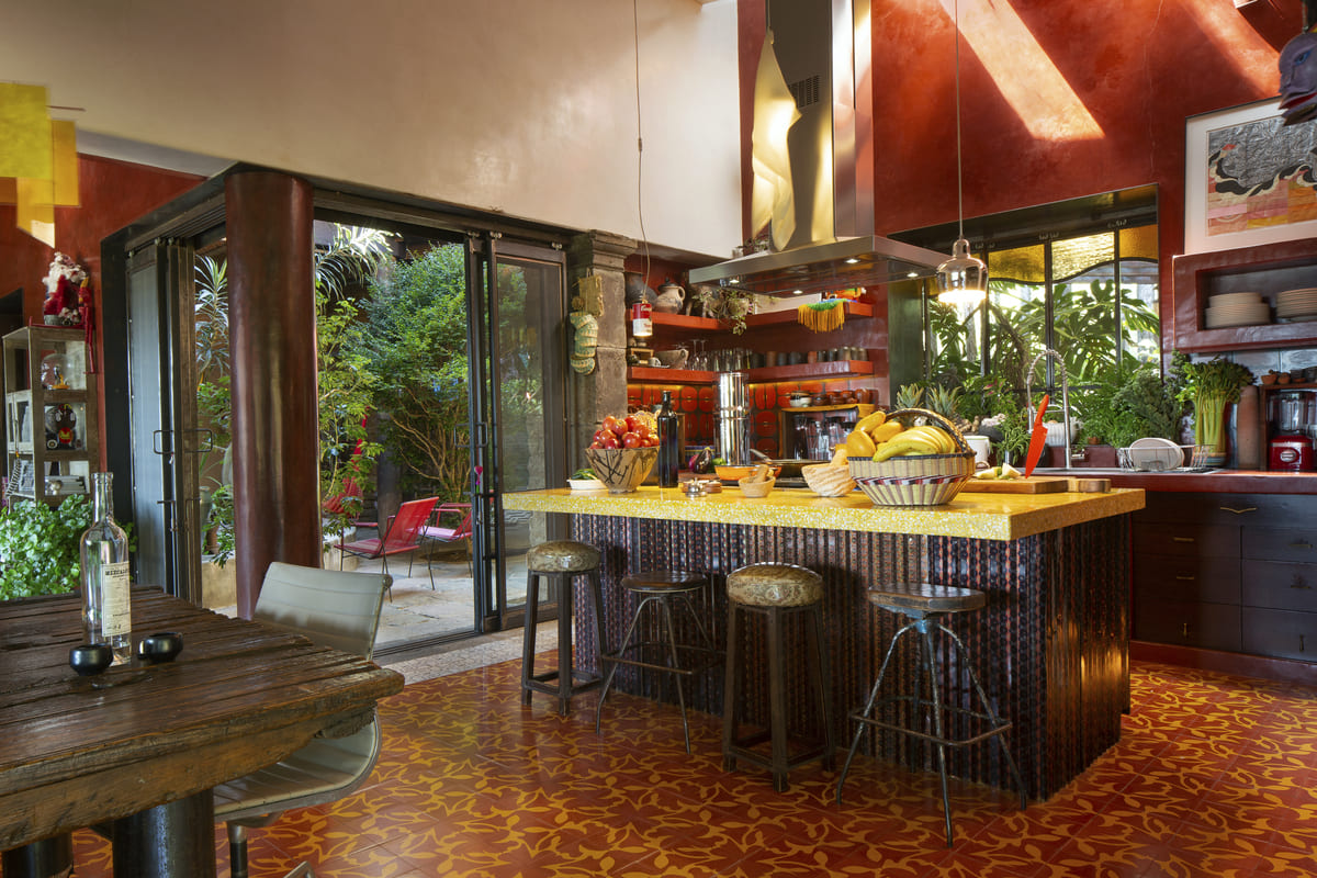 Textured ceiling with hanging lights