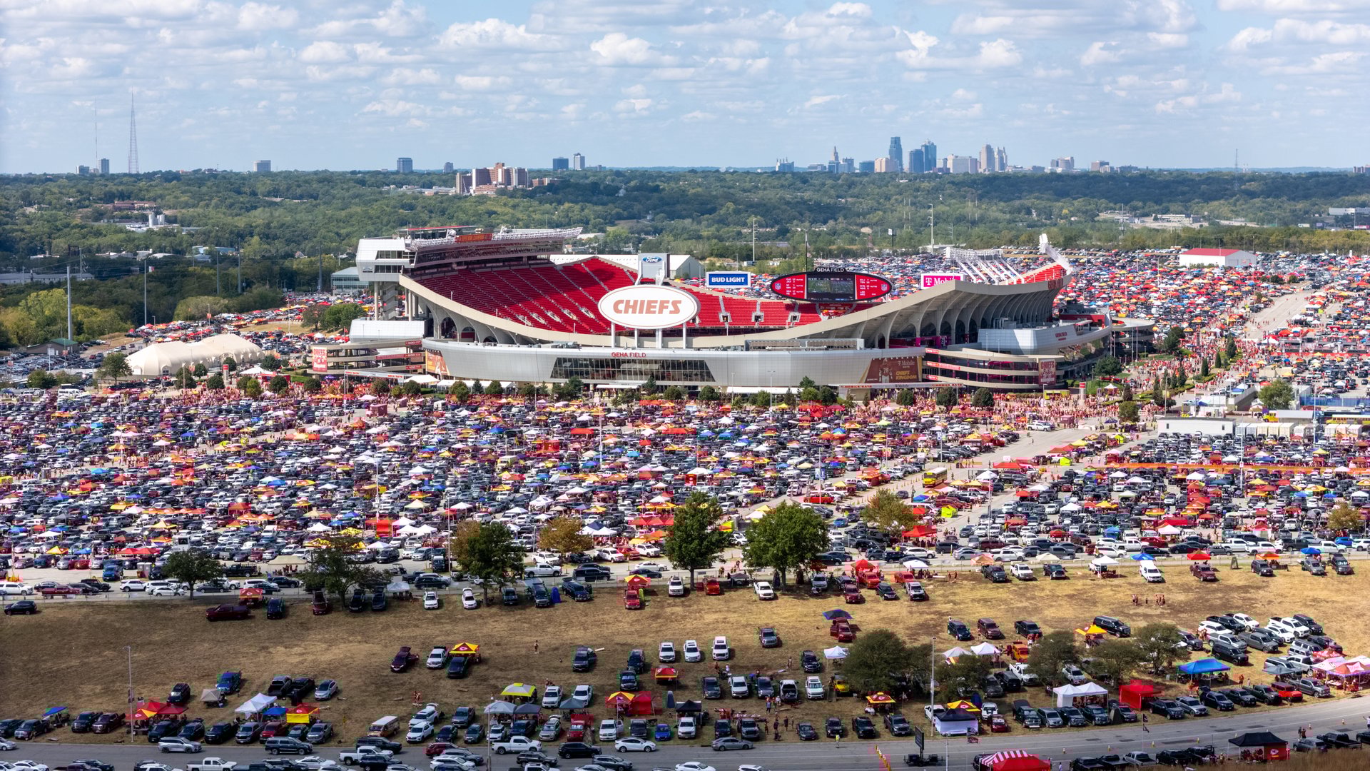 September 15, 2024: Kansas City, MO- Aerial view of Arrowhead Stadium and Chiefs fans tailgating before the Kansas City Chiefs host the Cincinnati Bengals.