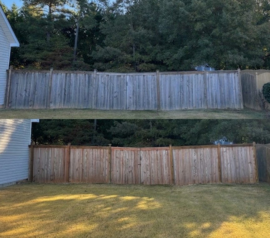 Fence before and after pressure washing
