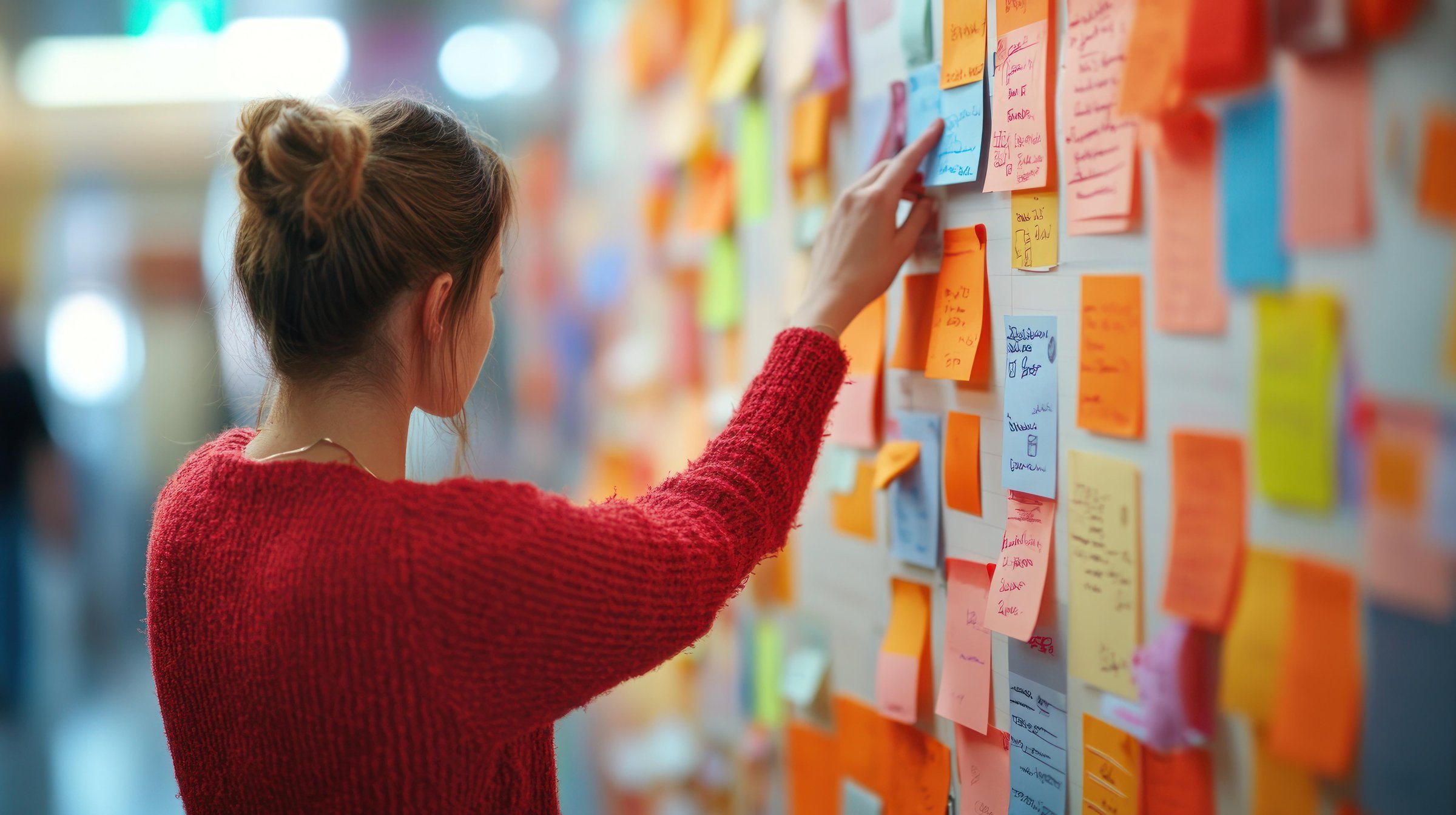 Person in red sweater reviewing colorful sticky notes on a wall.